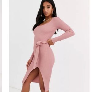 Ribbed tie waist midi dress